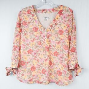 Coldwater Creek Floral Chiffon Tie Sleeve Blouse‎ Petite Small Feminine Coquette